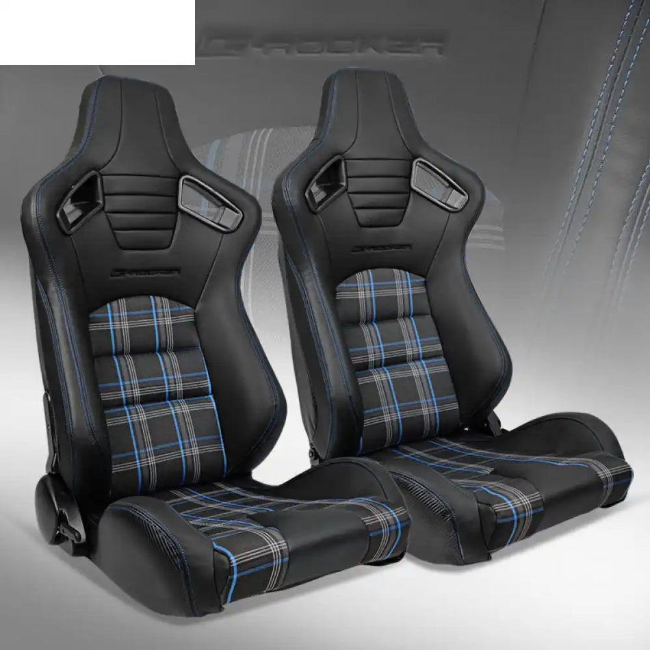 Universal Plaid Racing Seat Dual with Sliders PU Carbon Leather Black + Blue Plaid