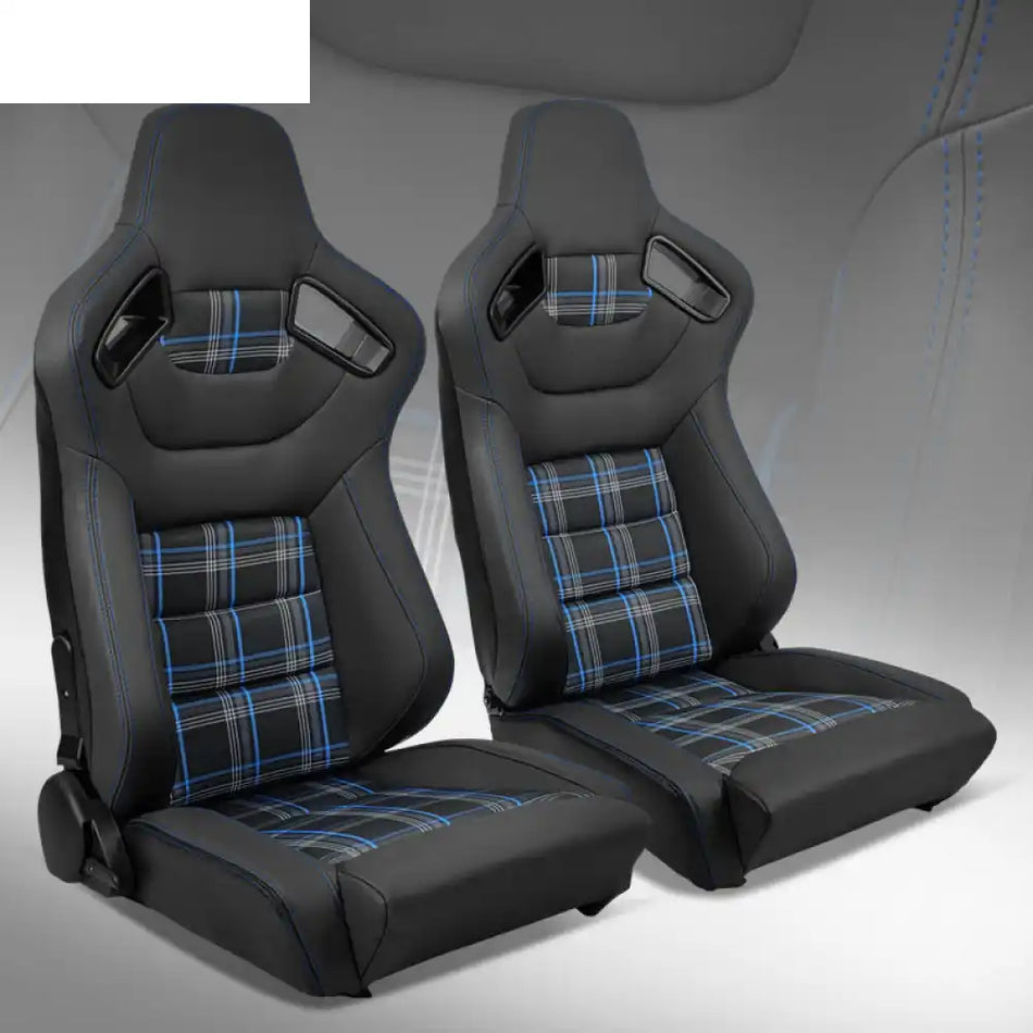 Universal Plaid Racing Seat Dual with Sliders PU Carbon Leather Black Microfiber Leather + Blue Plaid