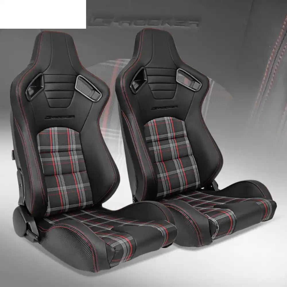 Universal Plaid Racing Seat Dual with Sliders PU Carbon Leather Black + Red Plaid