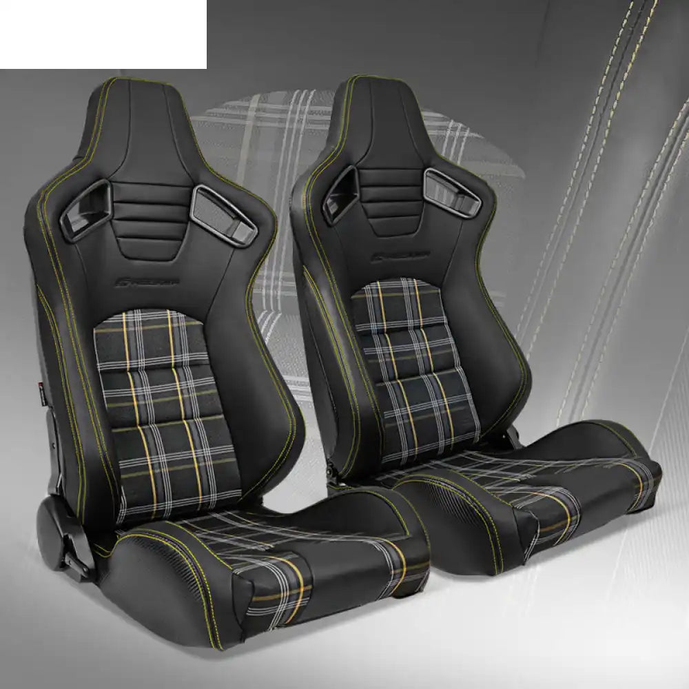 Universal Plaid Racing Seat Dual with Sliders PU Carbon Leather Black + Yellow Plaid