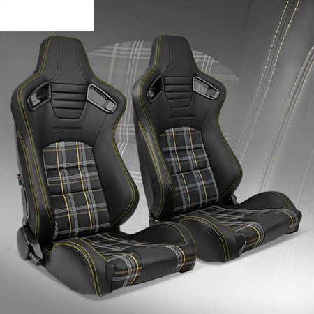 Universal Plaid Racing Seat Dual with Sliders PU Carbon Leather Black + Yellow Plaid