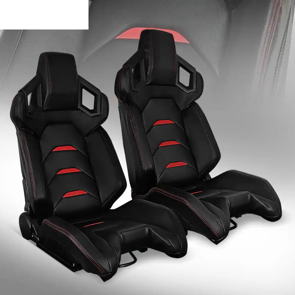 Universal Racing Seat Dual Slider PU Carbon Leather 1 Pair + Black with Red Stitch Red Stripe