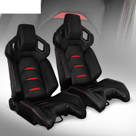 Universal Racing Seat Dual Slider PU Carbon Leather 1 Pair + Black with Red Stitch Red Stripe