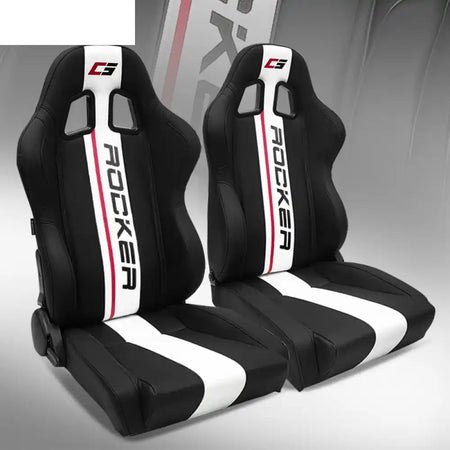 Universal Racing Seat Dual Slider PU Carbon Leather Black + White Stripe G Logo + Wider Seat / PU Leather