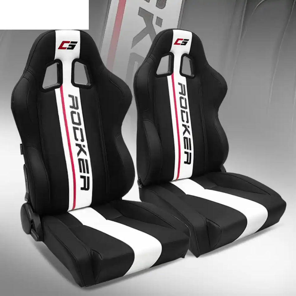 Universal Racing Seat Dual Slider PU Carbon Leather Black + White Stripe G Logo + Wider Seat / PU Leather