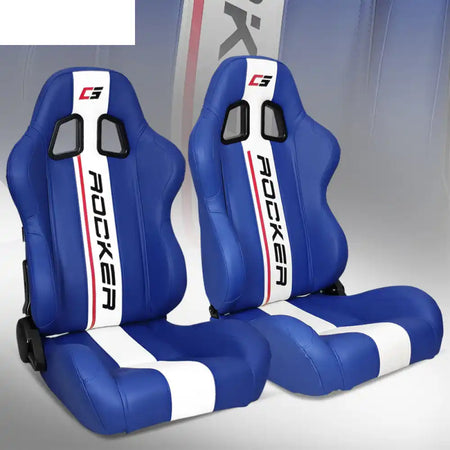 Universal Racing Seat Dual Slider PU Carbon Leather Blue + White Stripe G Logo / PU Leather