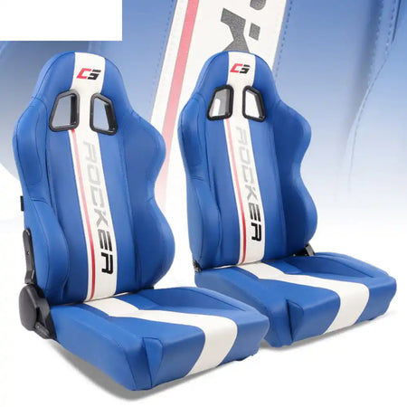 Universal Racing Seat Dual Slider PU Carbon Leather Blue + White Stripe G Logo + Wider Seat / PU Leather