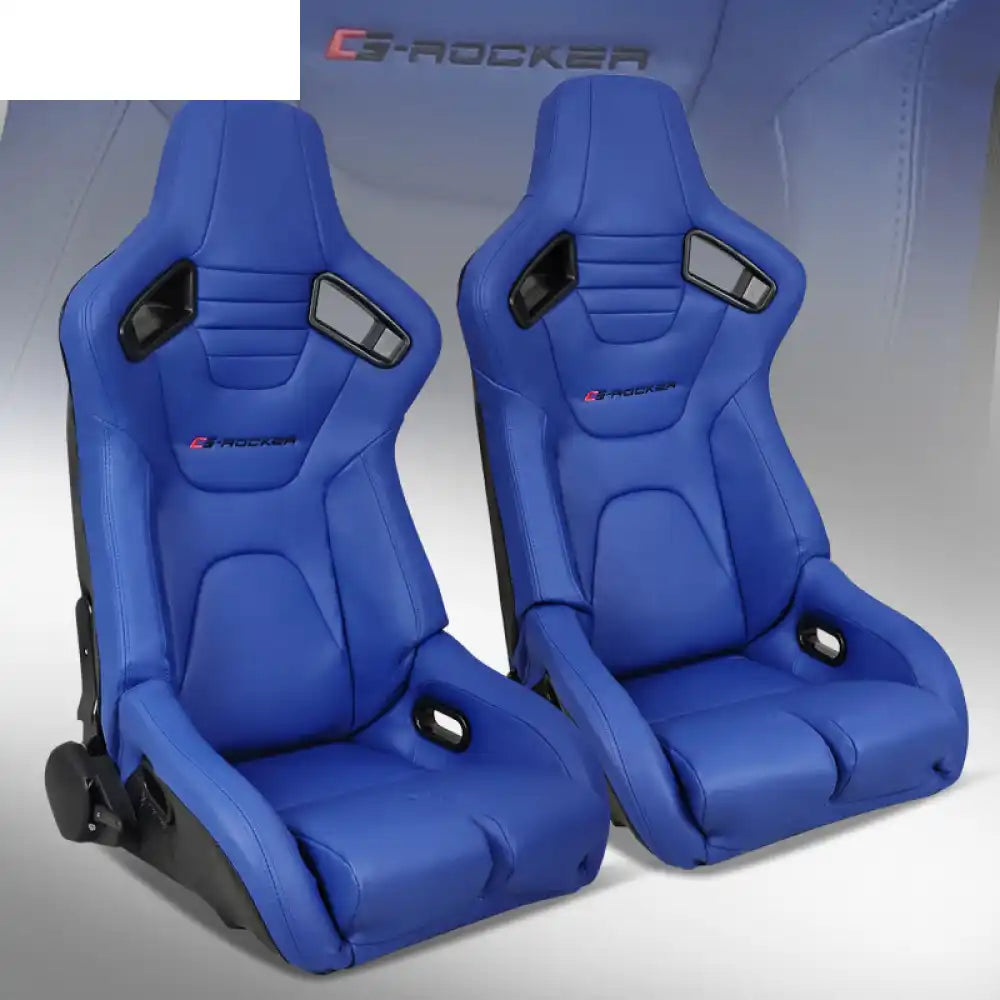 Universal Reclinable Bucket Racing Seat Dual Slider PU Carbon Leather Blue + Black Seat Belt Hole / Front:PU