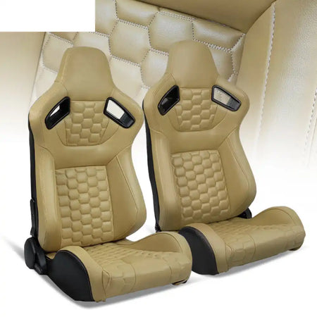 Universal X2 Reclinable Honeycomb Racing Seat + Dual Slider PU Leather Beige PU + Carbon Leather + Hexagonal Quilting