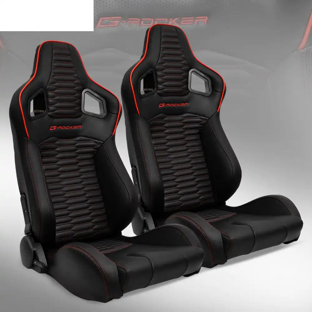 Universal X2 Reclinable Honeycomb Racing Seat + Dual Slider PU Leather Black PU & Carbon Leather + Red Strip