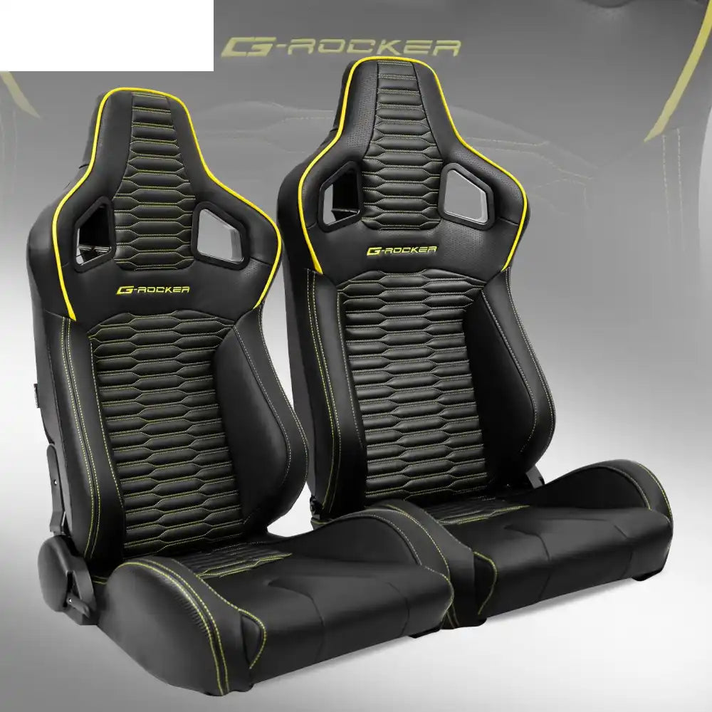 Universal X2 Reclinable Honeycomb Racing Seat + Dual Slider PU Leather Black PU & Carbon Leather + Yellow Strip