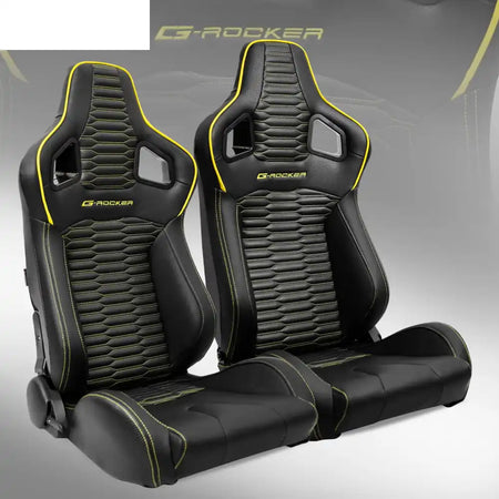 Universal X2 Reclinable Honeycomb Racing Seat + Dual Slider PU Leather Black PU & Carbon Leather + Yellow Strip