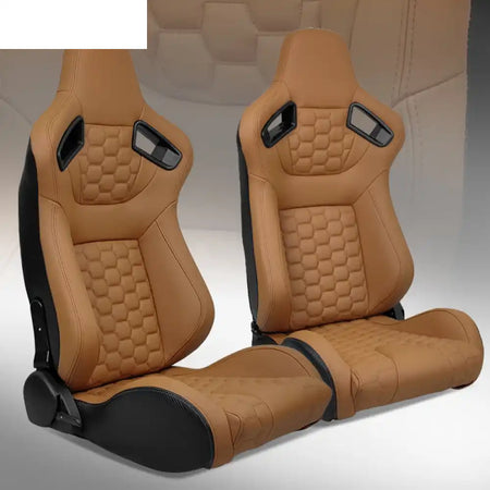 Universal X2 Reclinable Honeycomb Racing Seat + Dual Slider PU Leather Brown PU + Carbon Leather + Hexagonal Quilting