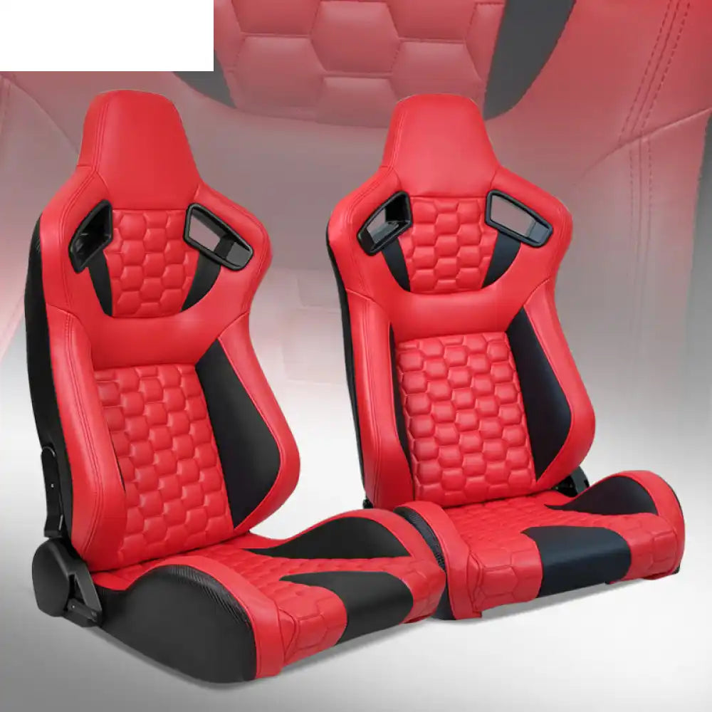 Universal X2 Reclinable Honeycomb Racing Seat + Dual Slider PU Leather Red & Black PU + Carbon Leather + Hexagonal